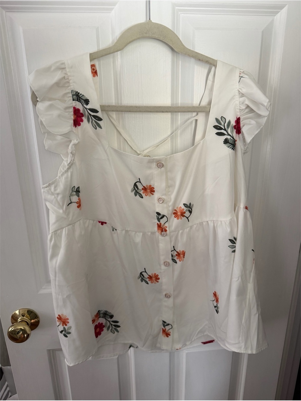 White Floral Button-Front Ruffle Sleeve Top